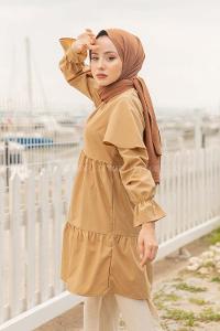 Modalamelif Kol Lastikli Fırfırlı Tunik Camel