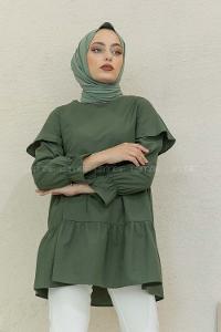 Modalamelif Kol Lastikli Fırfırlı Tunik Haki