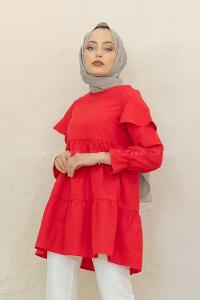 Modalamelif Kol Lastikli Fırfırlı Tunik Kırmızı