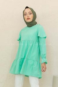 Modalamelif Kol Lastikli Fırfırlı Tunik Su Yeşili