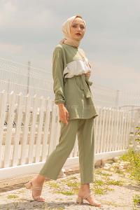 Modalamelif Kol Lastikli Garnili Takım Yeşil