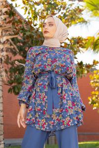 Modalamelif Kuşaklı Çiçek Desenli Takım İndigo