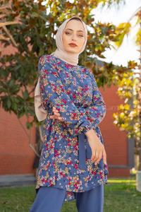 Modalamelif Kuşaklı Çiçek Desenli Takım İndigo