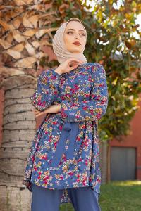 Modalamelif Kuşaklı Çiçek Desenli Takım İndigo
