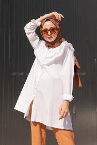 Modalamelif Ön Düğmeli Yaka Fırfırlı Gömlek Beyaz