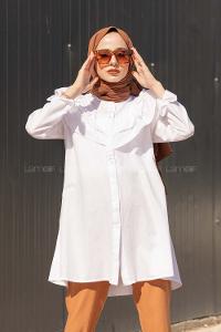 Modalamelif Ön Düğmeli Yaka Fırfırlı Gömlek Beyaz