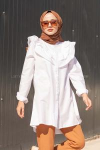 Modalamelif Ön Düğmeli Yaka Fırfırlı Gömlek Beyaz