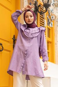 Modalamelif Ön Düğmeli Yaka Fırfırlı Gömlek Mor