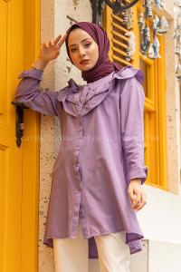 Modalamelif Ön Düğmeli Yaka Fırfırlı Gömlek Mor