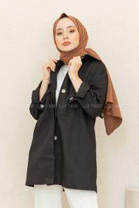 Modalamelif Önü Tahta Düğmeli Kot Ceket Siyah