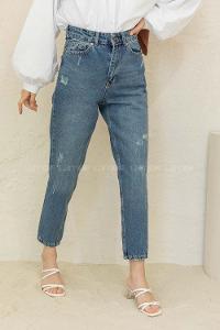 Modalamelif Tırnaklı Mom Jean Pantolon Kot Mavi