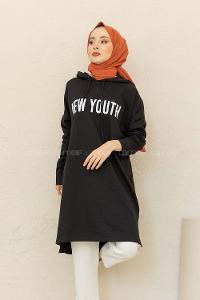 Modalamelif Yırtmaçlı New Youth Baskılı Tunik Siyah