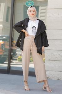 Modalamelif Bel Lastikli Ayrobin Pantolon Taş Rengi