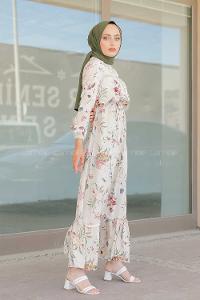 Modalamelif Çiçek Desen  Elbise Krem