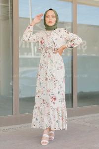 Modalamelif Çiçek Desen  Elbise Krem