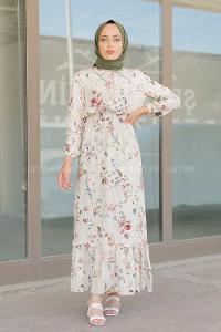 Modalamelif Çiçek Desen  Elbise Krem