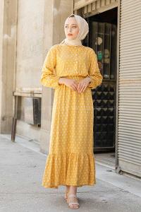 Modalamelif Gemici Desen Elbise Hardal Sarısı