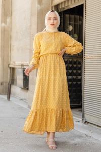Modalamelif Gemici Desen Elbise Hardal Sarısı