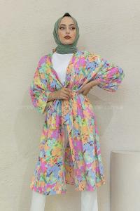 Modalamelif Kamuflaj Desen Kuşaklı Kimono Pembe