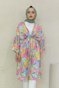 Modalamelif Kamuflaj Desen Kuşaklı Kimono Pembe