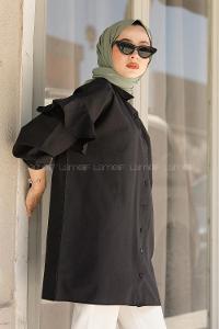 Modalamelif Kol Lastikli Fırfırlı Gömlek Siyah