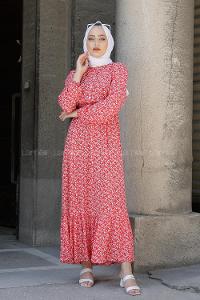 Modalamelif Minimal Çiçek Desen Elbise Kırmızı