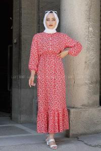 Modalamelif Minimal Çiçek Desen Elbise Kırmızı