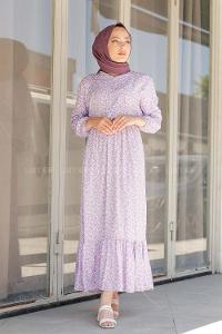 Modalamelif Minimal Çiçek Desen Elbise Lila