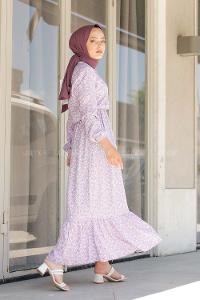 Modalamelif Minimal Çiçek Desen Elbise Lila