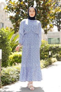 Modalamelif Minimal Çiçek Desen Elbise Mavi