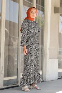 Modalamelif Minimal Çiçek Desen Elbise Siyah