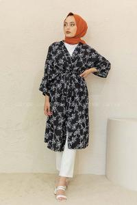 Modalamelif Minimal Yapraklı Kuşaklı Kimono Siyah