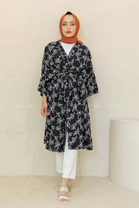 Modalamelif Minimal Yapraklı Kuşaklı Kimono Siyah