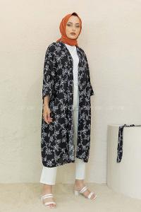 Modalamelif Minimal Yapraklı Kuşaklı Kimono Siyah