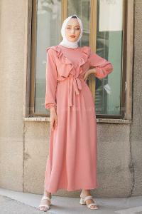 Modalamelif Önü Fırfırlı Kuşaklı Elbise Pudra