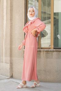 Modalamelif Önü Fırfırlı Kuşaklı Elbise Pudra