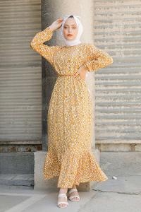 Modalamelif  Papatya Desen Elbise Hardal Siyah