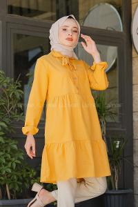 Modalamelif Yaka Bağlamalı Fırfırlı Tunik Hardal Sarısı