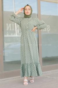 Modalamelif Gemici Desen Elbise Pastel Yeşili