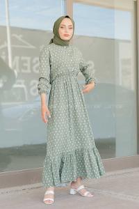 Modalamelif Gemici Desen Elbise Pastel Yeşili