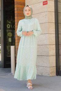 Modalamelif Minimal Çiçek Desen Elbise Çağla Yeşili