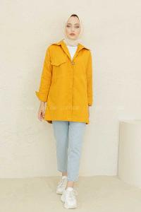 Modalamelif Önü Tahta Düğmeli Kot Ceket Hardal Sarısı