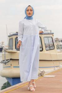 Modalamelif Hakim Yaka Çizgili Elbise Açık Mavi