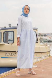 Modalamelif Hakim Yaka Çizgili Elbise Açık Mavi