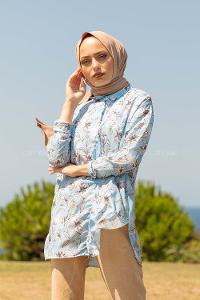 Modalamelif Çiçek Desen Gömlek Turkuaz