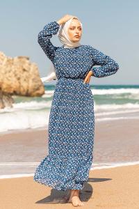 Modalamelif  Mini Papatya Desen Şifon Elbise İndigo