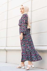 Modalamelif Çiçek Desen Elbise Fuşya