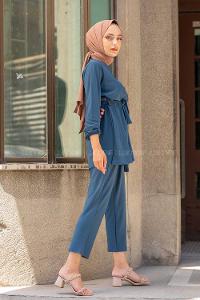 Modalamelif Kol Lastikli Kuşaklı Takım İndigo