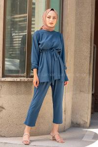 Modalamelif Kol Lastikli Kuşaklı Takım İndigo