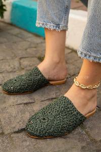 Modalamelif Hasır Örgülü Makrome Terlik Haki